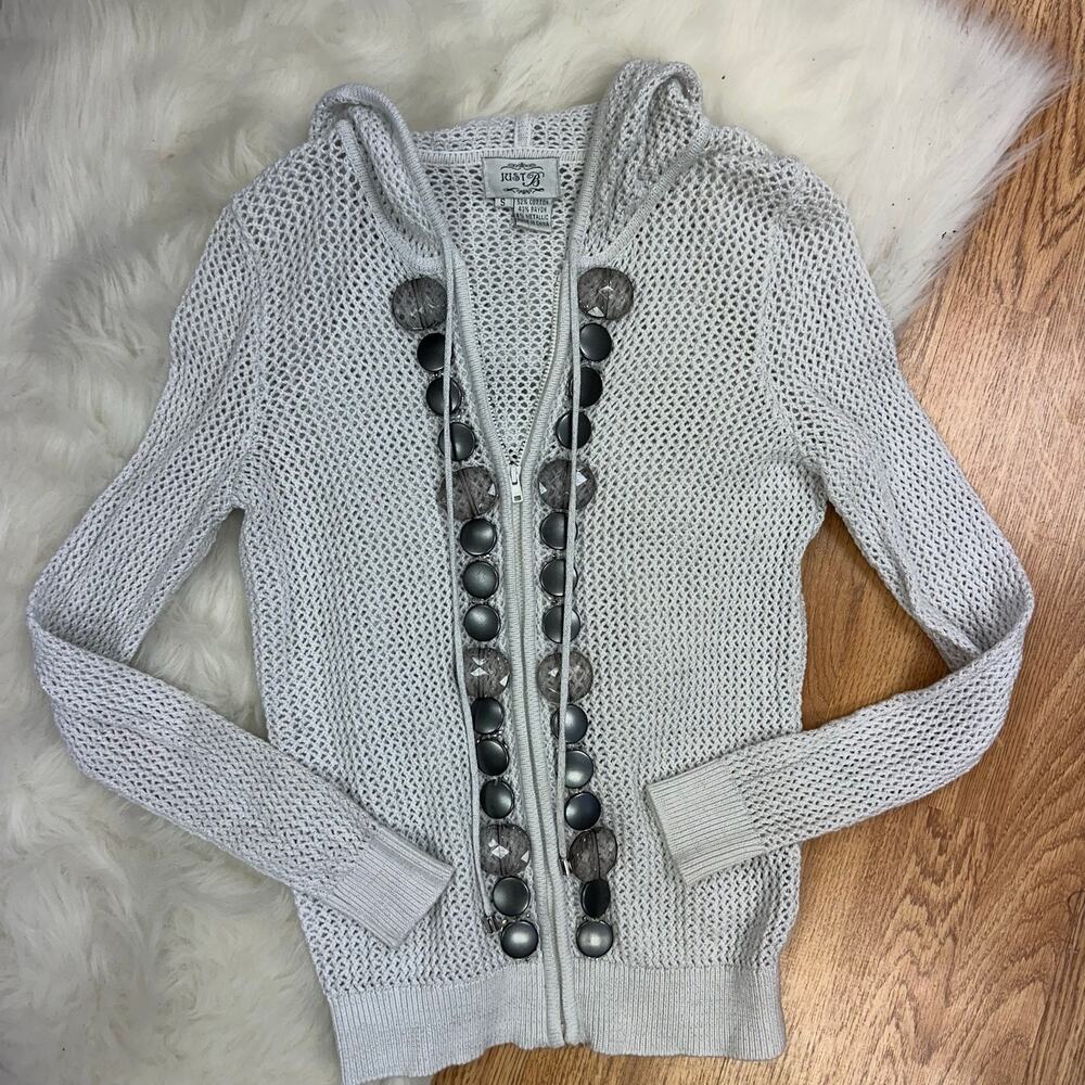 Y2K Silver Open Knit Rhinestone Hooded Zip up jacket